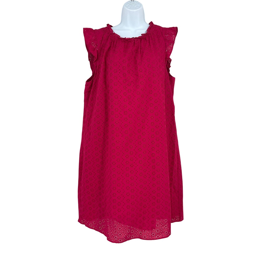 Loft Eyelet Dress Womens XL Pink Cotton Ruffle Sleeve Shift‎
